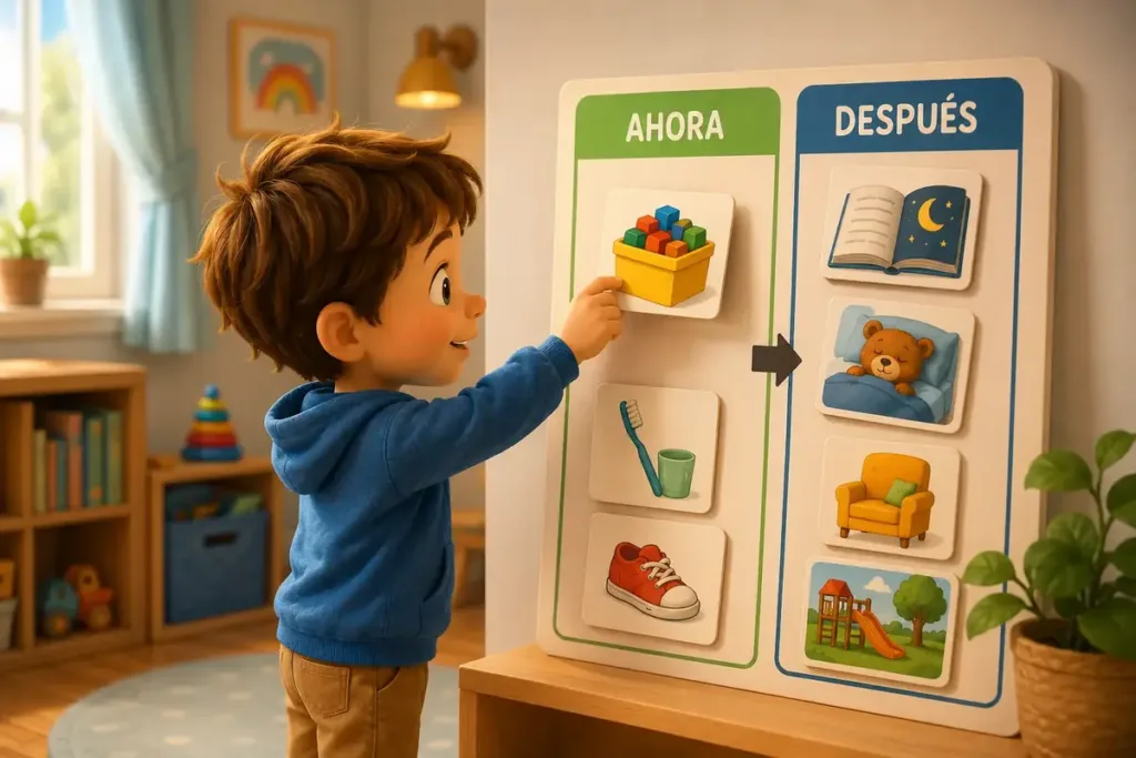 Un niño utiliza un panel visual completo de ahora y después