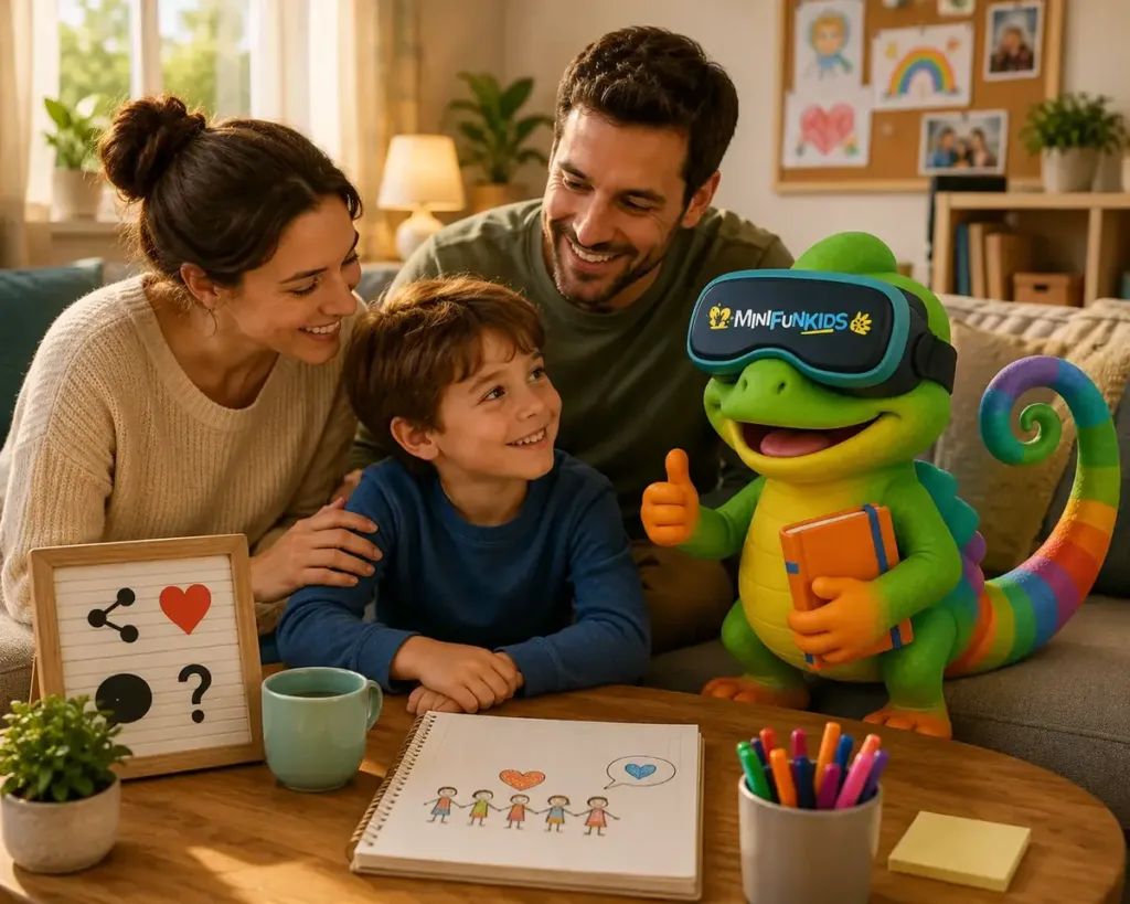 Una familia comparte NeuroKids junto a la mascota de Minifunkids